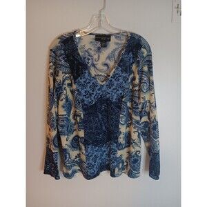 Vintage Venezia Boho Paisley Print Blouse Top Blue Sz 14 Y2K